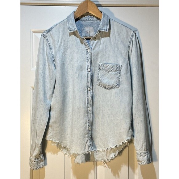 Rails Denim Ingrid Raw Hem Shirt Light Acid Wash Button Up Long Sleeve Sz XS - Picture 2 of 8